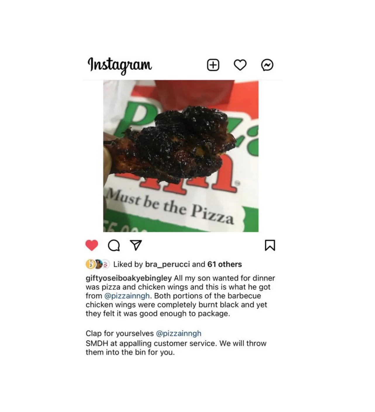 Epic Fail: Gifty Bingley fumes at Pizza Inn for sending her burnt chicken
