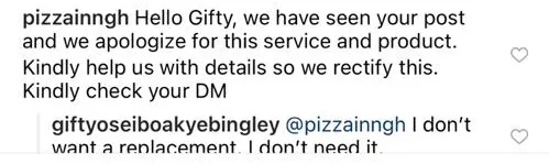 Epic Fail: Gifty Bingley fumes at Pizza Inn for sending her burnt chicken