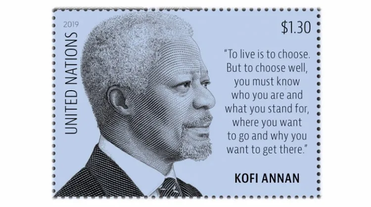 Former UN Secretary General and Nobel Laureate, Kofi Annan honored with a stamp by the United Nations